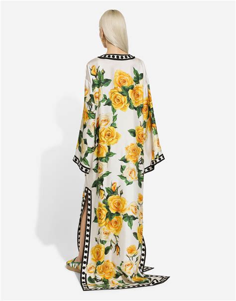 Silk caftan with kimono sleeves and yellow rose print